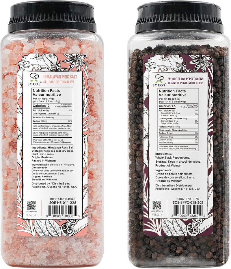 Soeos Himalayan Pink Salt 39 oz + Whole Black Peppercorns 18 oz, Coarse Grain, Kosher Salt for Grinder Refill, Salt and Pepper Grinder, Non-GMO Verified, Spice Seasoning Set for Cooking - Image 2